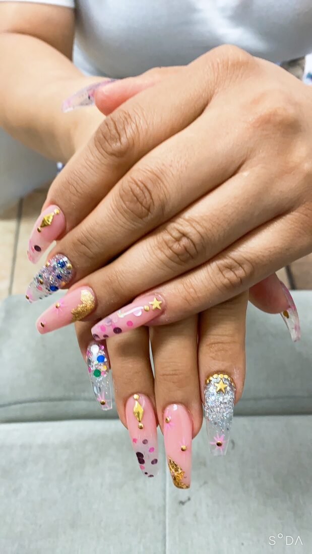 Soft pink coffin set with rhinestone-encrusted and hand-painted accents