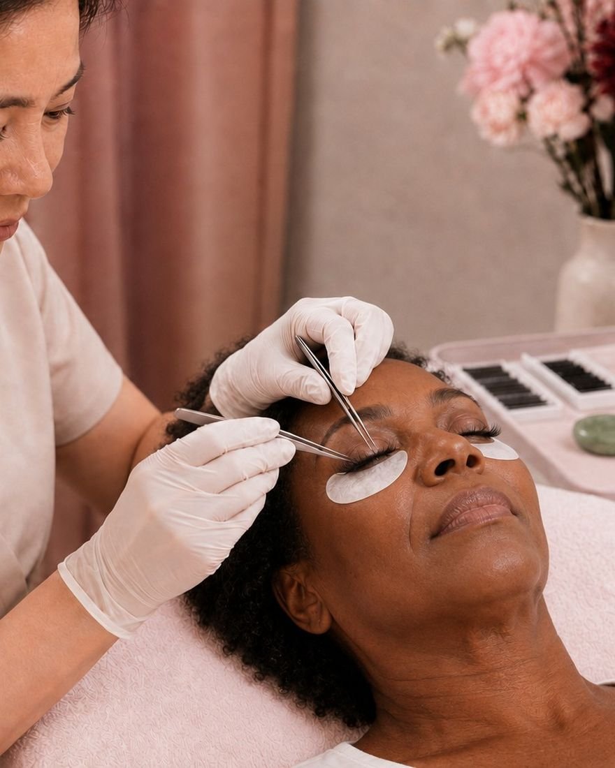 Eyelash extensions being applied with tweezers during a lash appointment