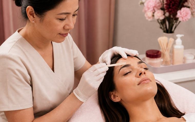Warm wax being applied to shape a client's brow