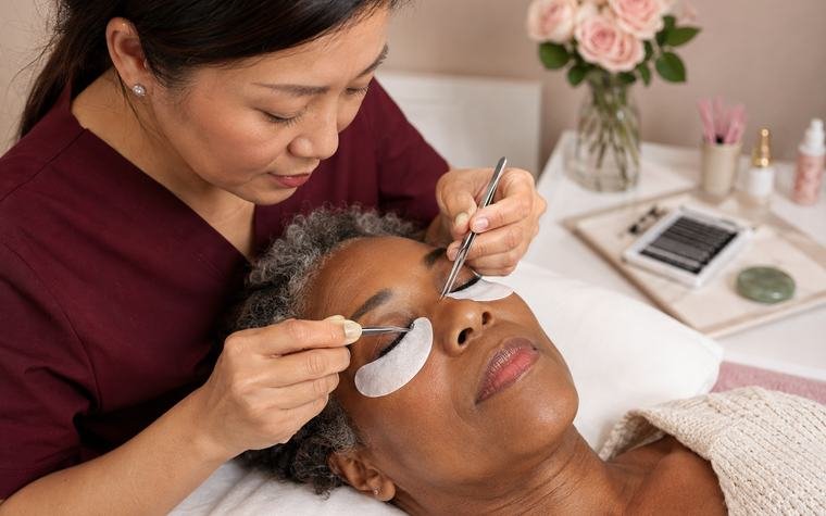 Eyelash extensions being applied with tweezers