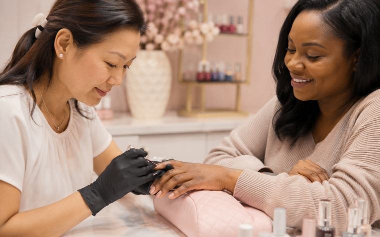 A technician painting a client's nails at a manicure table